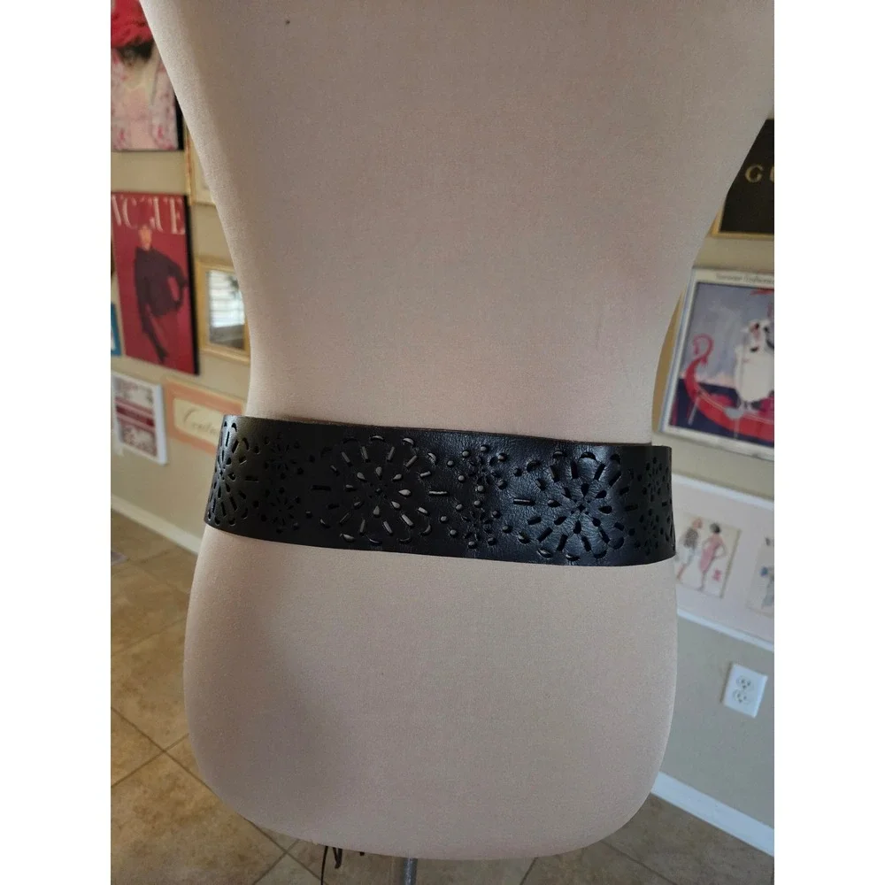 Vintage Dark Brown Leather Wide Waist Belt Laser Cut Floral Lace Up Tassel